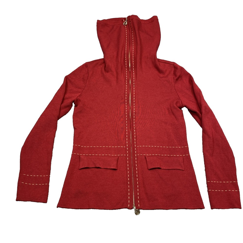 Escada Sweater Womens 36 Red Hooded Full Zip Knit Gold Stitch Pockets Slovakia